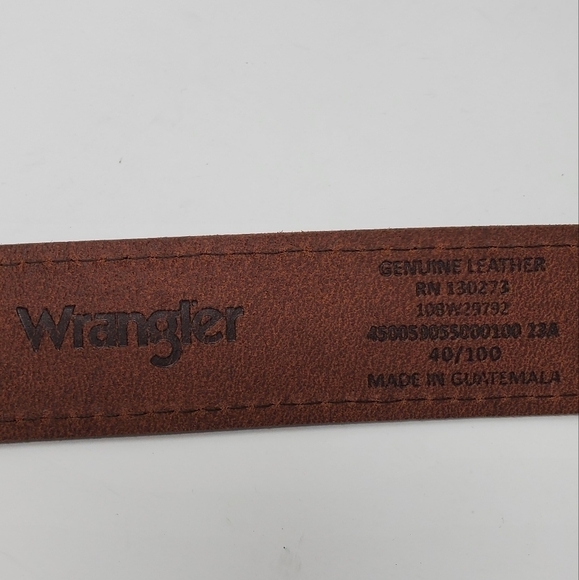 WRANGLER COCO BROWN LEATHER BELT TAN STITCHING PEWTER METAL BUCKLE MEN - Picture 8 of 12